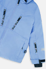 Close-up of the chest zip pockets and sleeve on the blue-violet TEKNIK jacket