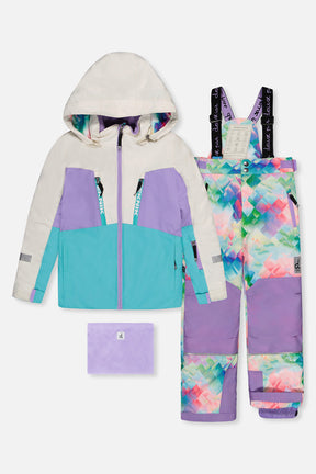Deux par Deux TEKNIK girls two-piece snowsuit: off-white, lavender and turquoise jacket, diamond print snow pants and neckwarmer, front view