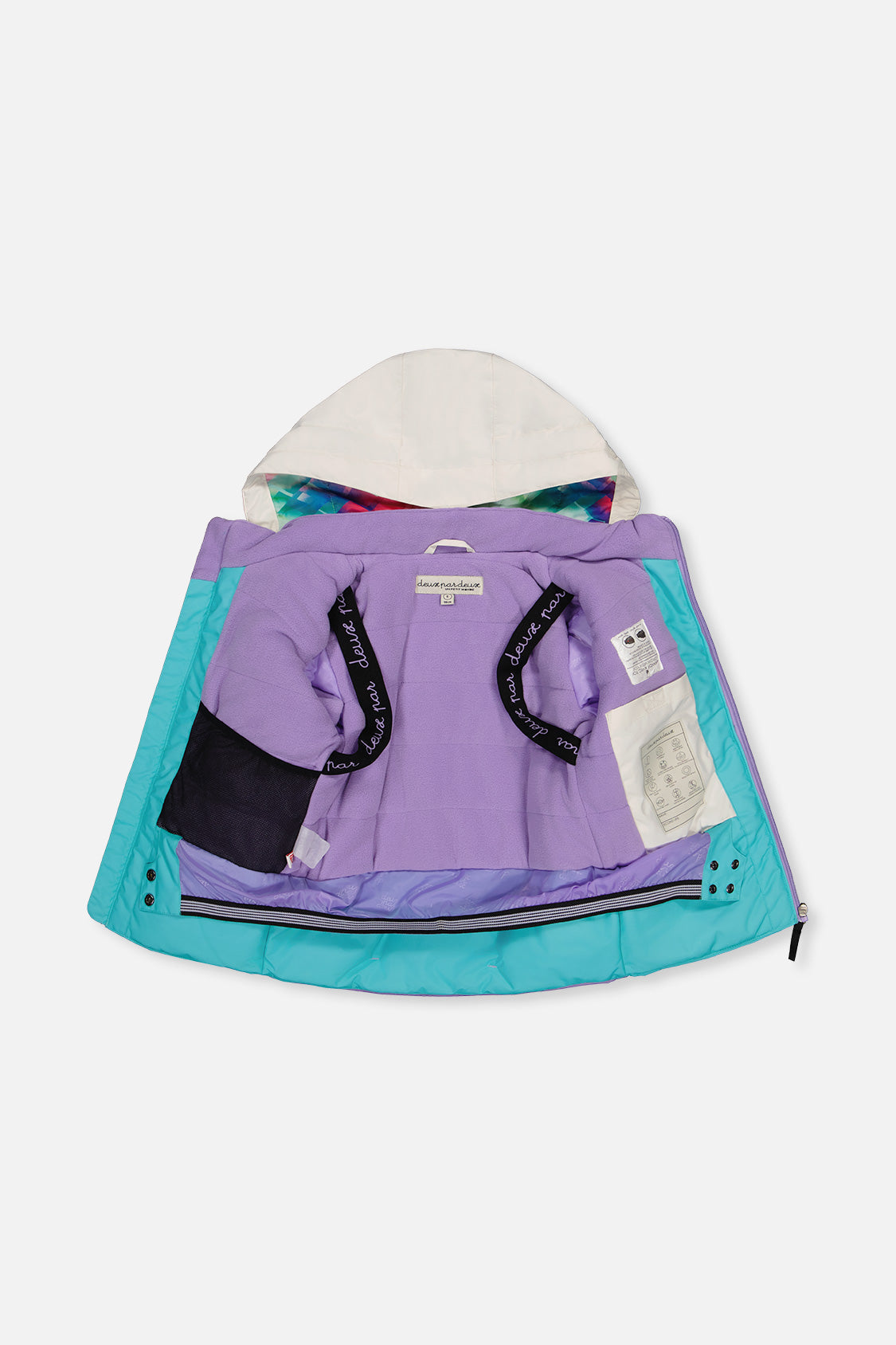Color-block TEKNIK jacket opened to show the fleece lining, inner straps and pocket