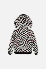 Back of the checkered TEKNIK jacket and hood with reflective band