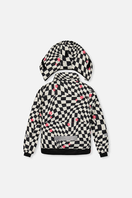 Back of the checkered TEKNIK jacket and hood with reflective band