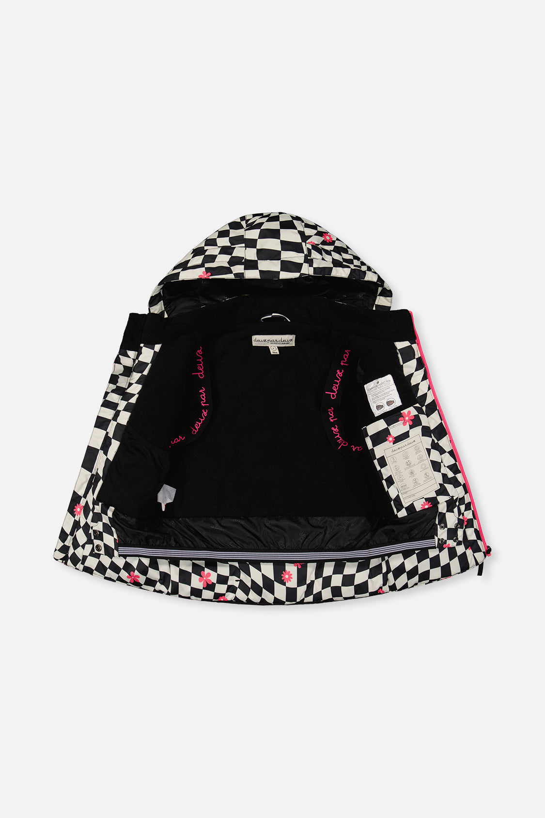 Checkered TEKNIK jacket opened to show the black fleece lining and inner straps