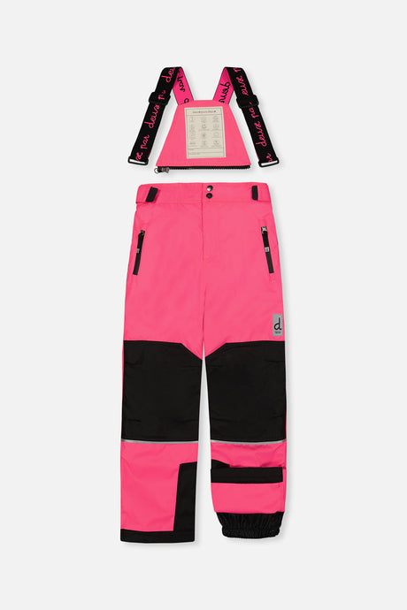 Bright pink TEKNIK snow pants with suspenders and black knee panels, front view