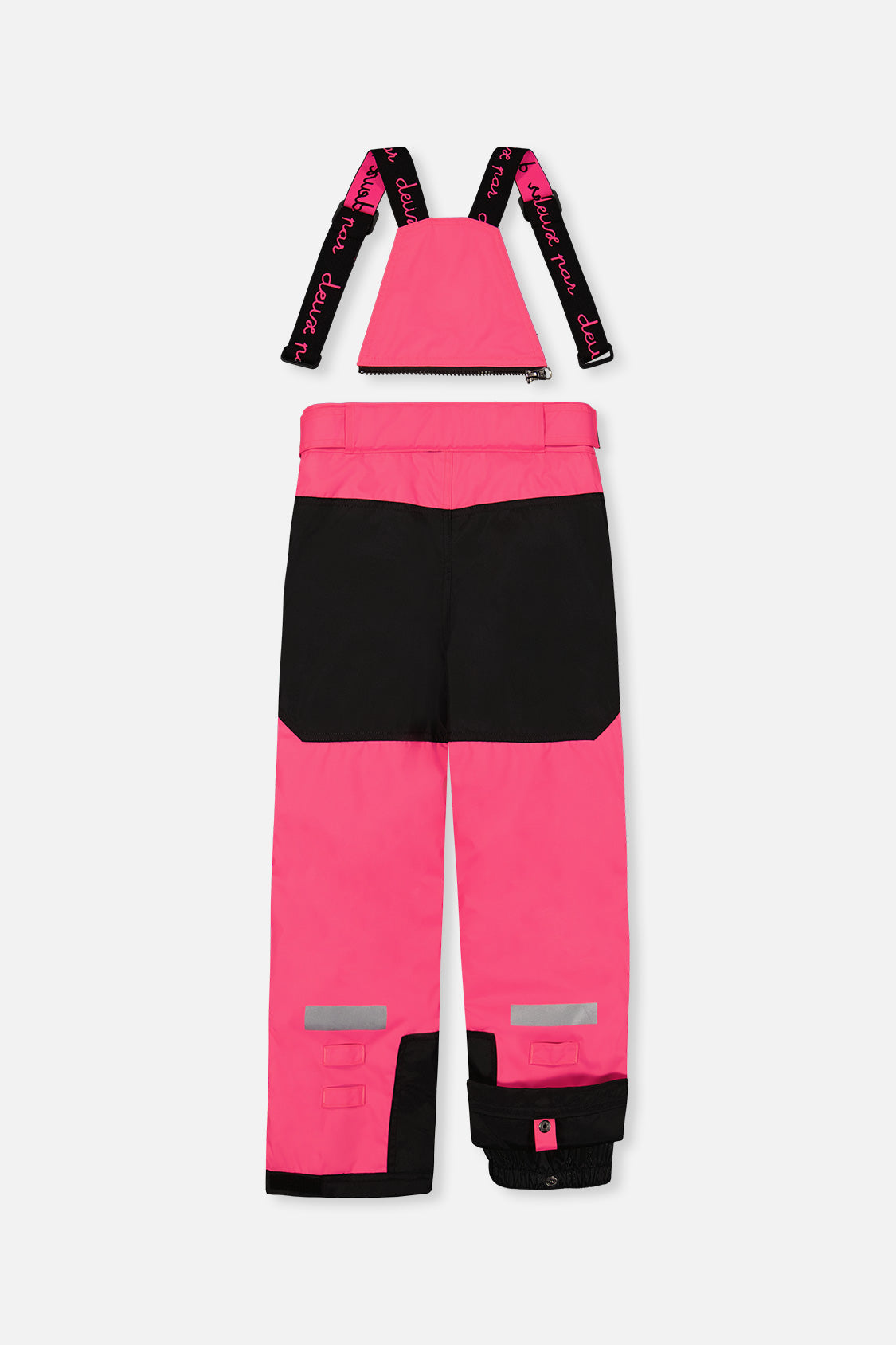Back of the bright pink snow pants with suspenders and black reinforced seat