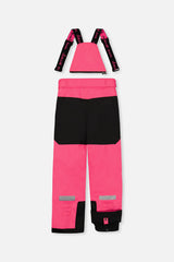 Back of the bright pink snow pants with suspenders and black reinforced seat