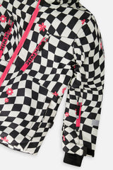 Close-up of the pink chest zippers and sleeve on the checkered TEKNIK jacket