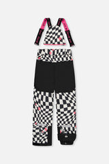 Back of the matching checkered snow pants with suspenders and reinforced seat