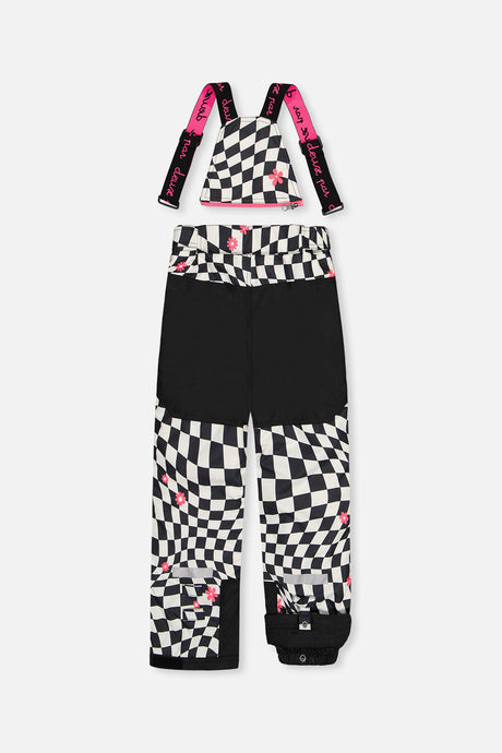 Back of the matching checkered snow pants with suspenders and reinforced seat