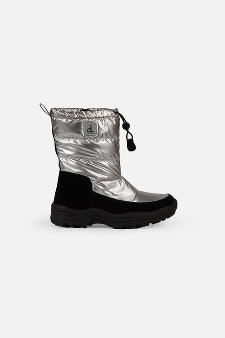 Deux par Deux silver quilted tall snow boot for kids, single boot, side view