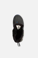 Deux par Deux boys' black quilted winter boots with blue soles – top view into the fleece-lined opening