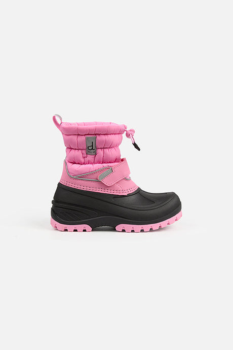 Deux par Deux girls' pink puffer snow boot - single boot, outer side view
