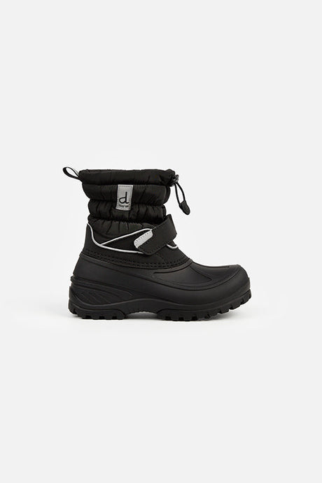 Deux par Deux toddler black puffer snow boot - single boot, outer side view