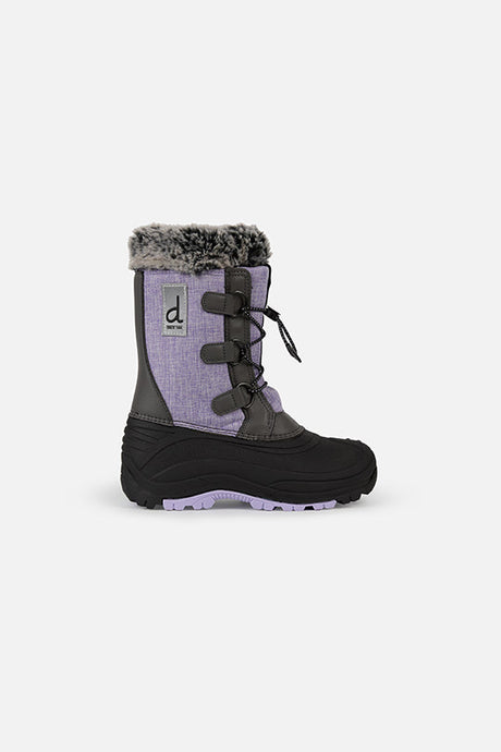 Deux par Deux kids' snow boot with removable liner in lavender and black, single boot, side view