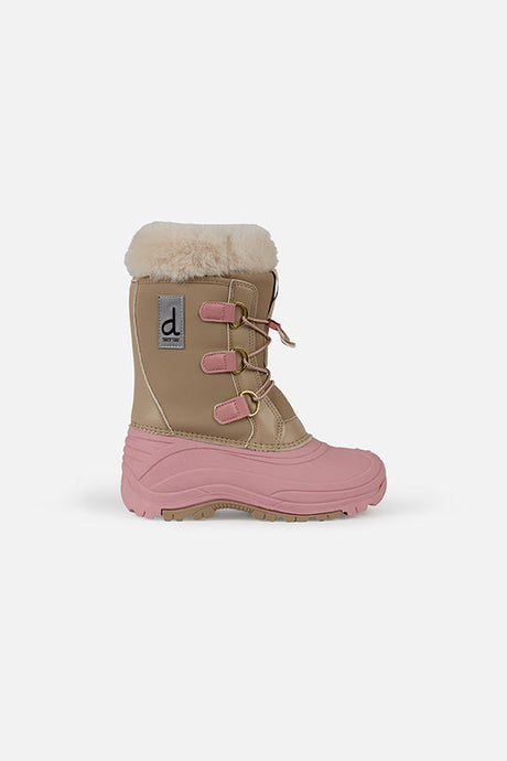 Deux par Deux kids' winter boots with removable liner, beige with pale dusty pink, single boot, side view