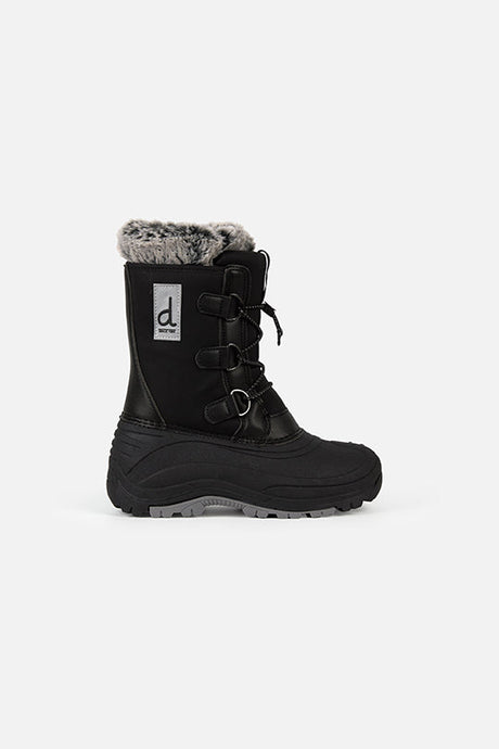 Deux par Deux black kids' snow boot with removable liner, single boot, side view