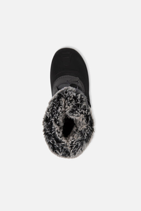 Deux par Deux black kids' winter boots with removable liner, top view of the faux fur collar