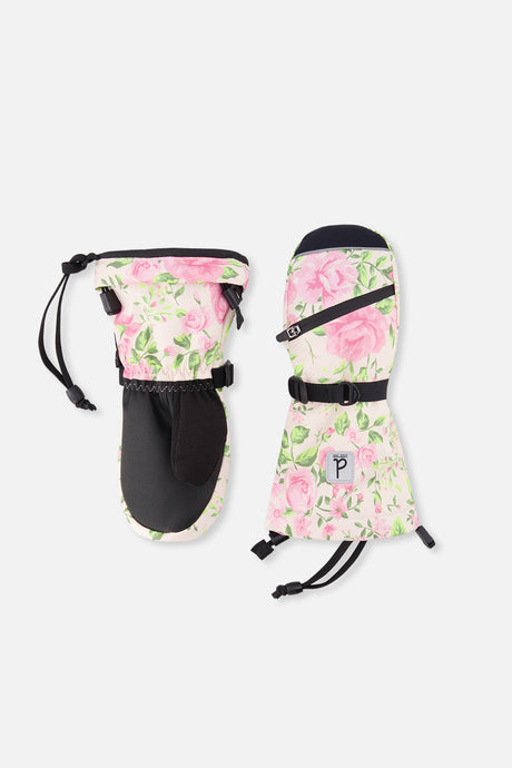 Deux par Deux Teknik kids' mittens, beige vintage rose print – front view