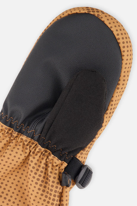 Deux par Deux Teknik kids' mittens in brown with dots and mountains print – alternate view