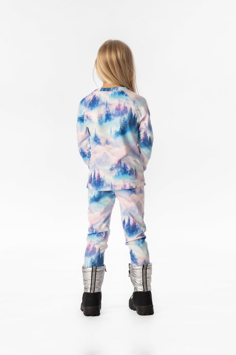 Back view of a child wearing the blue and pink mountain print thermal underwear set