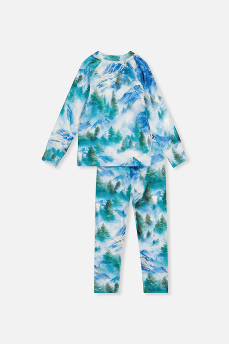 Blue mountain print thermal base layer set from Deux par Deux, top and pants laid flat, back view
