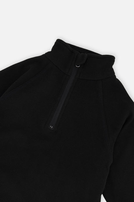 Close-up of the half-zip mock neck and raglan seams on the black thermal underwear top