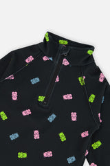 Deux par Deux Two Piece Thermal Underwear Black Printed Gummy Bears
