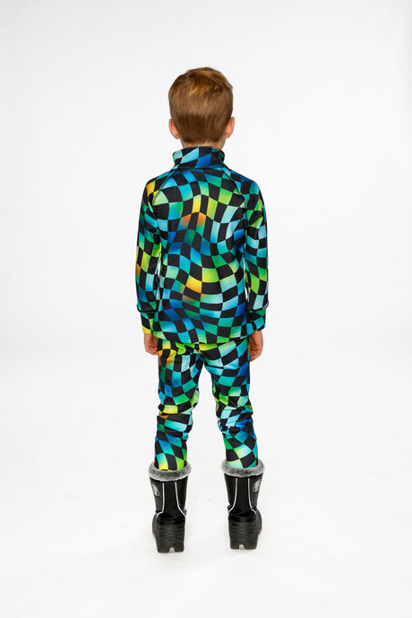 Child wearing the blue checkered Deux par Deux thermal underwear set with black boots, back view
