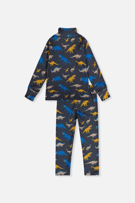 Charcoal grey dinosaur print thermal underwear set from Deux par Deux laid flat, back view