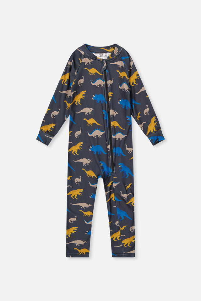 Baby One Piece Thermal Underwear Grey And Blue Dinosaur Print-0