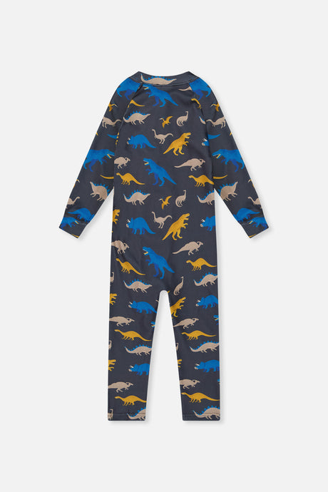 One Piece Thermal Underwear Grey And Blue Dinosaur Print-4