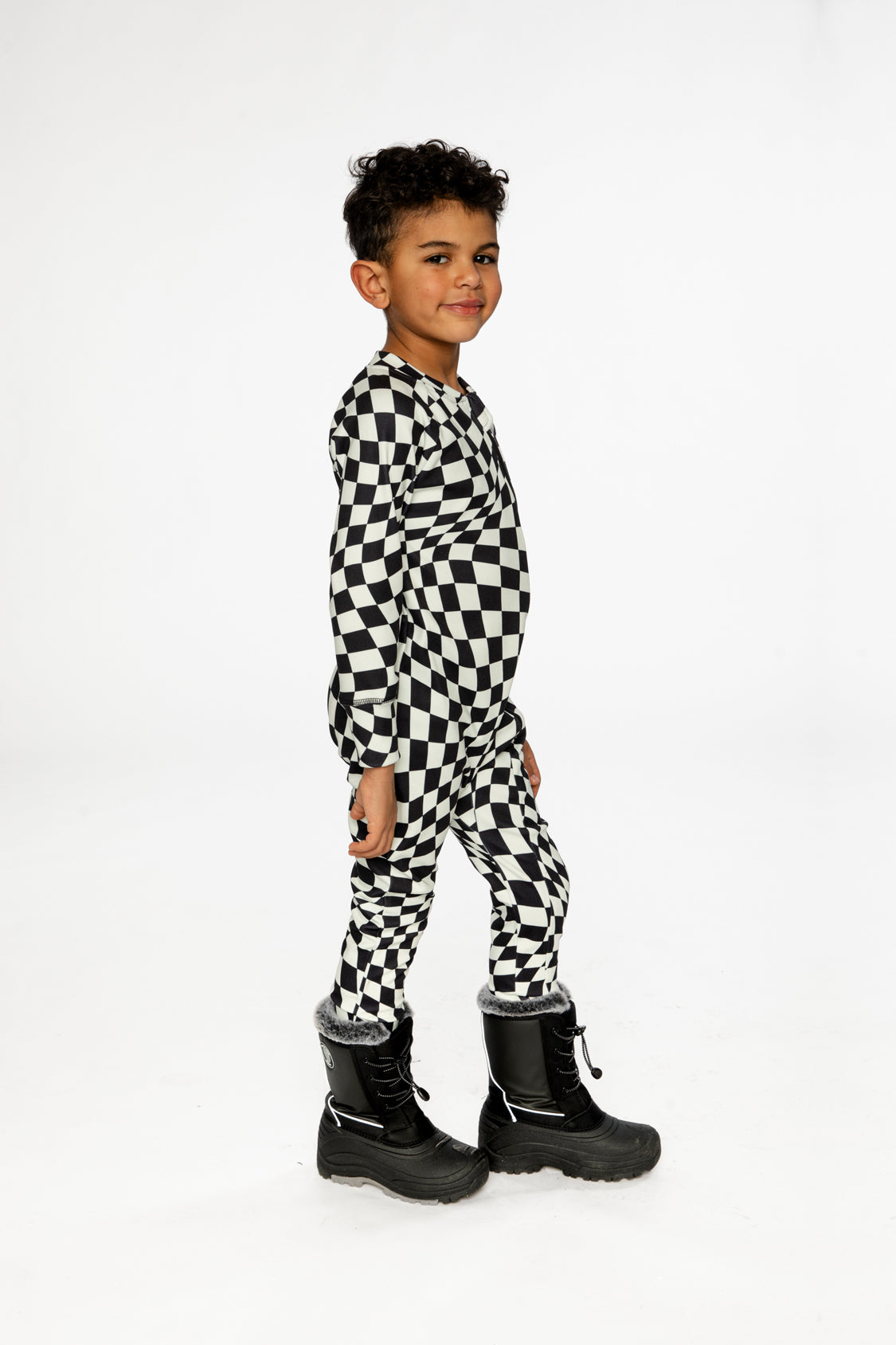 One Piece Thermal Underwear White Checkered Print-2