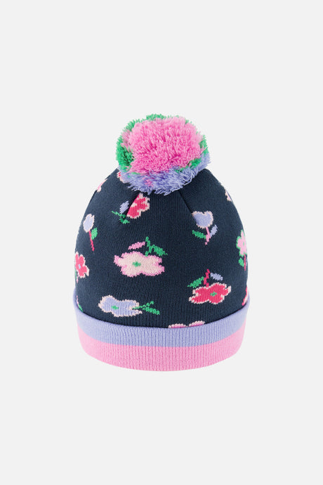 Winter Knit Hat With Pompom Blue Floral Print-2