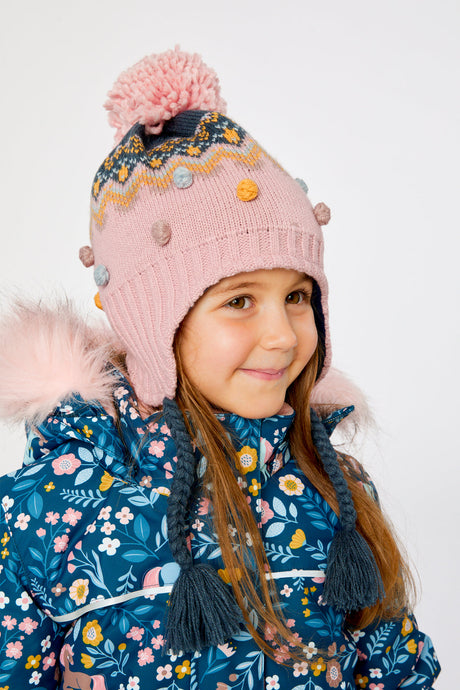 Winter Peruvian Knit Hat With Pompom Pink And Blue Jacquard-1