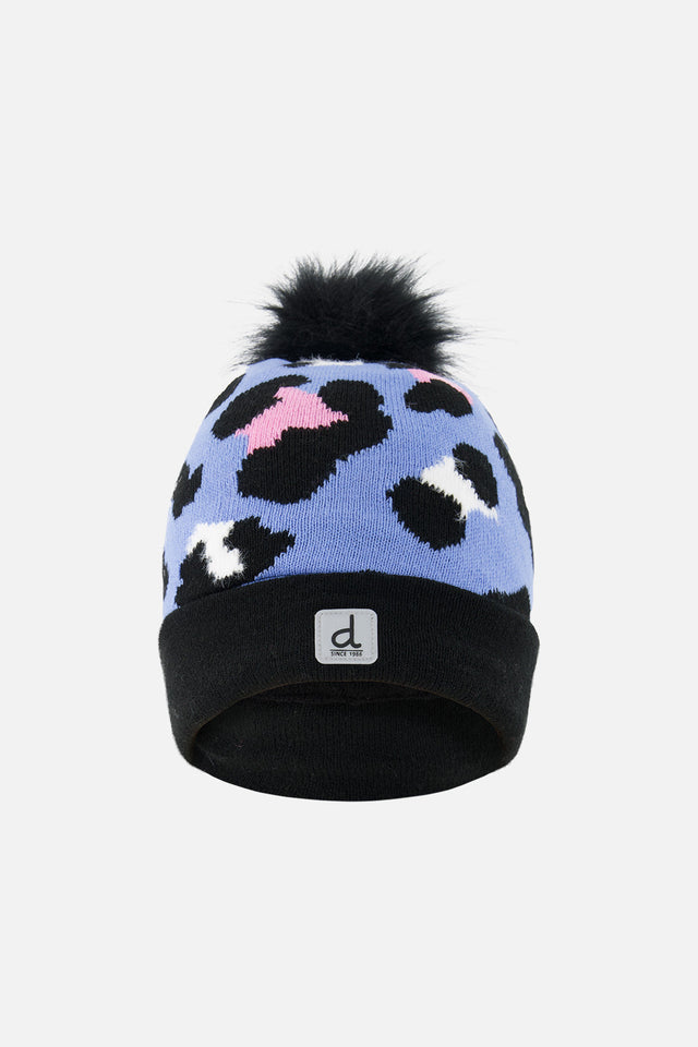 Winter Knit Hat With Pompom Blue Leopard Print-0