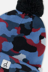 Winter Knit Hat With Pompom Blue And Red Camouflage-3