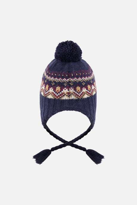 Baby Winter Peruvian Knit Hat With Pompom Blue And Red Jacquard-2