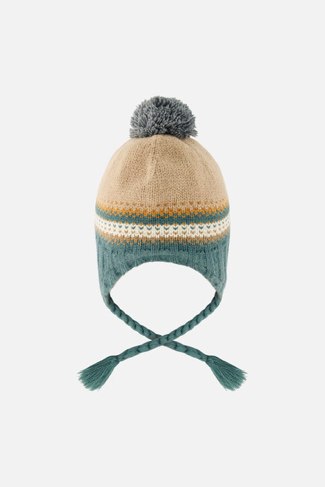 Baby Winter Peruvian Knit Hat With Pompom Beige And Green Jacquard-2