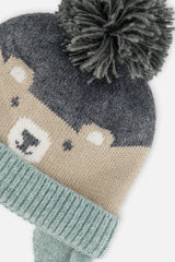 Baby Winter Knit Hat With Teddy Bear Face And Ears Beige And Turquoise-2