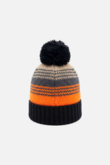 Winter Knit Hat With Pompom Grey And Orange Stripes-2