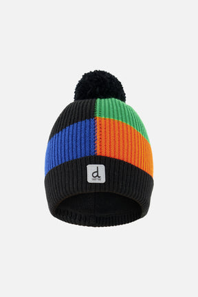 Winter Knit Hat With Pompom Black, Blue, Green And Orange Tiles-0