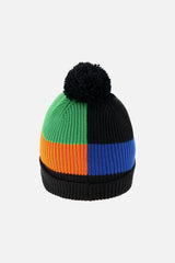 Winter Knit Hat With Pompom Black, Blue, Green And Orange Tiles-2