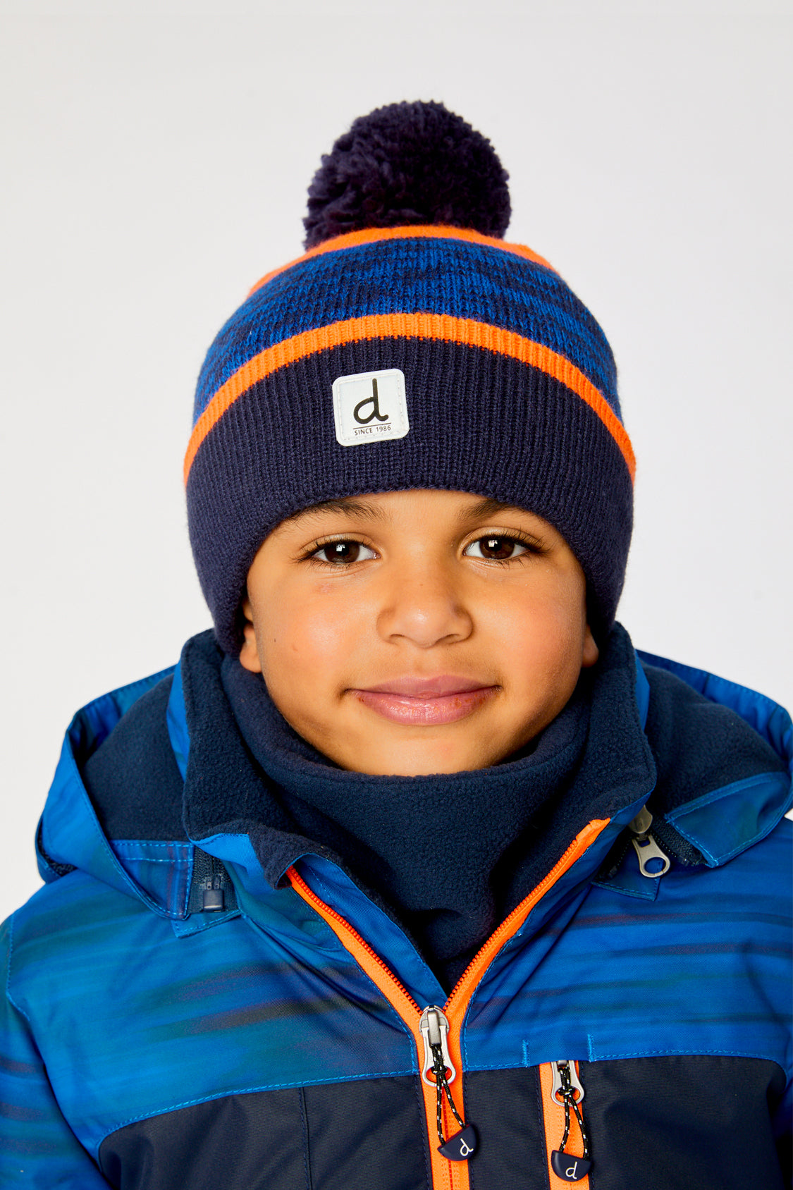 Winter Knit Hat With Pompom Color Block Orange And Blue-1