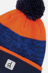 Winter Knit Hat With Pompom Color Block Orange And Blue-3