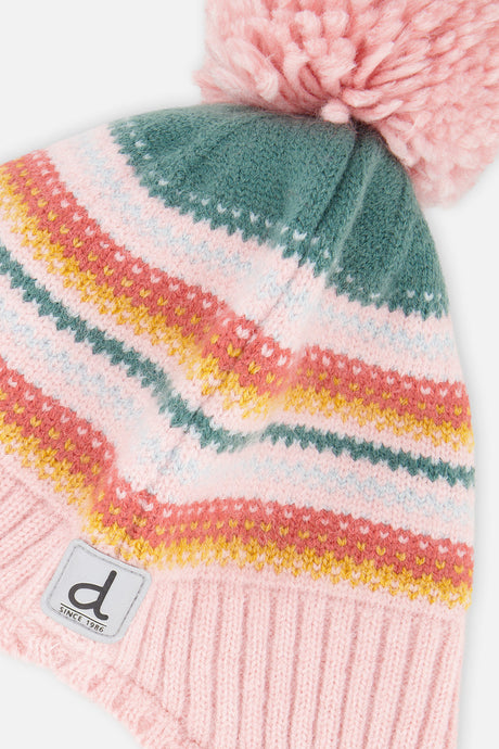 Close-up of the pink Fair Isle rainbow-striped knit, pink pompom and logo patch on the Deux par Deux baby hat