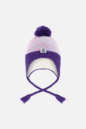 Deux par Deux multicolored Peruvian knit toque with a pastel marled crown, purple cuff, pompom and braided ties, front view
