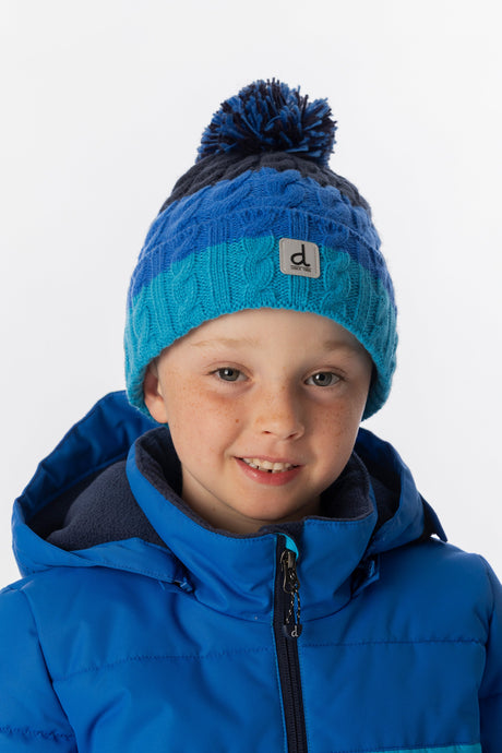 Child wearing the Deux par Deux dark blue color-block pompom toque