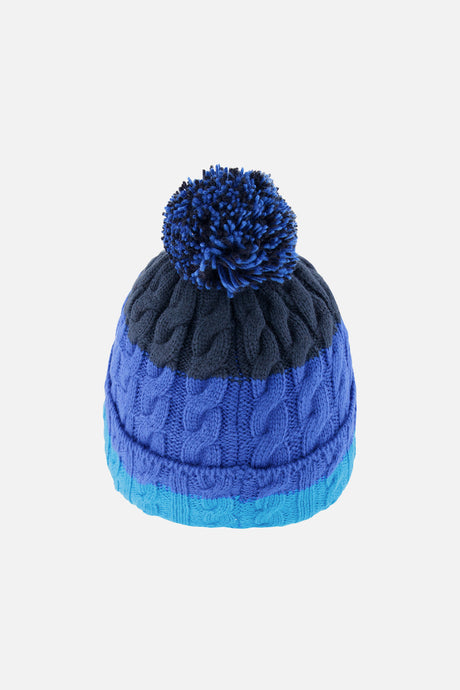 Deux par Deux boys' cable-knit pompom hat in dark blue, blue and light blue, back view