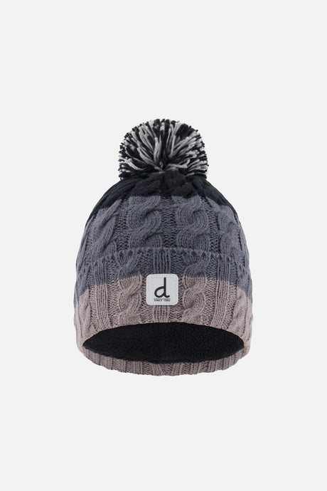 Deux par Deux kids' cable-knit pompom hat, black and grey colour block – front view