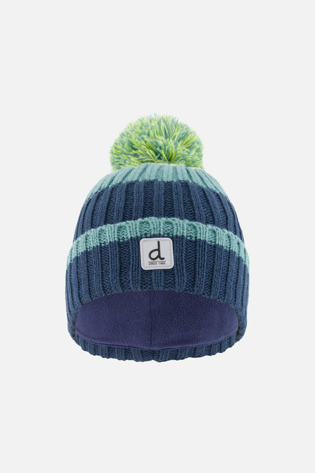 Deux par Deux kids' knit pompom hat, dark turquoise colour-block jacquard – front view