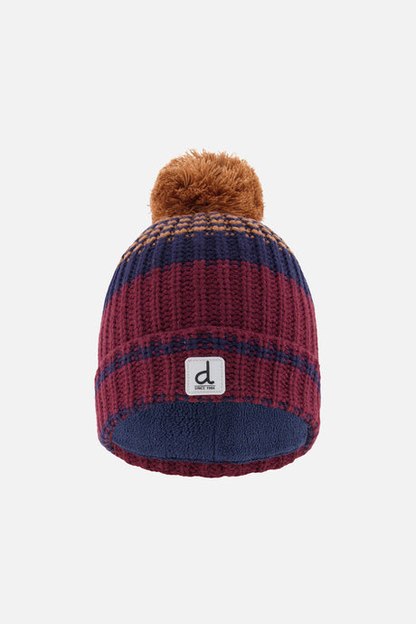 Deux par Deux boys' striped jacquard pompom beanie in burgundy, brown and navy, front view